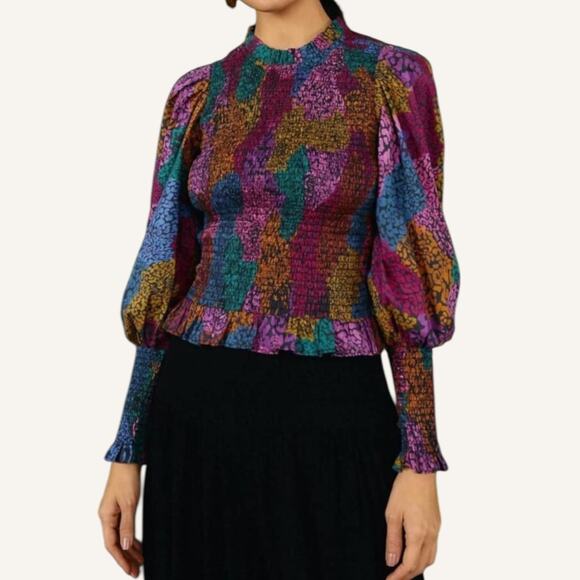 FARM RIO Leopard Rainbow Mix Blouse Smocked Ruffle Boho Cottagecore Glam Indie - Picture 12 of 13